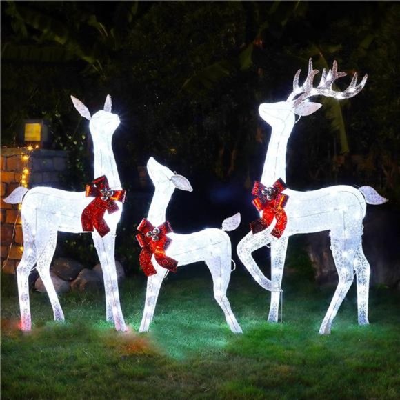 Set of 3 Pre-lit White Reindeer with 265 LEDs White Lights, 3D Light Up - Picture 3 of 6
